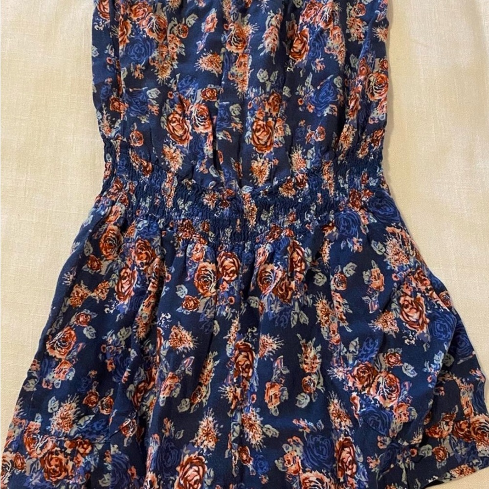 Floral Strapless Romper - Blue and Orange